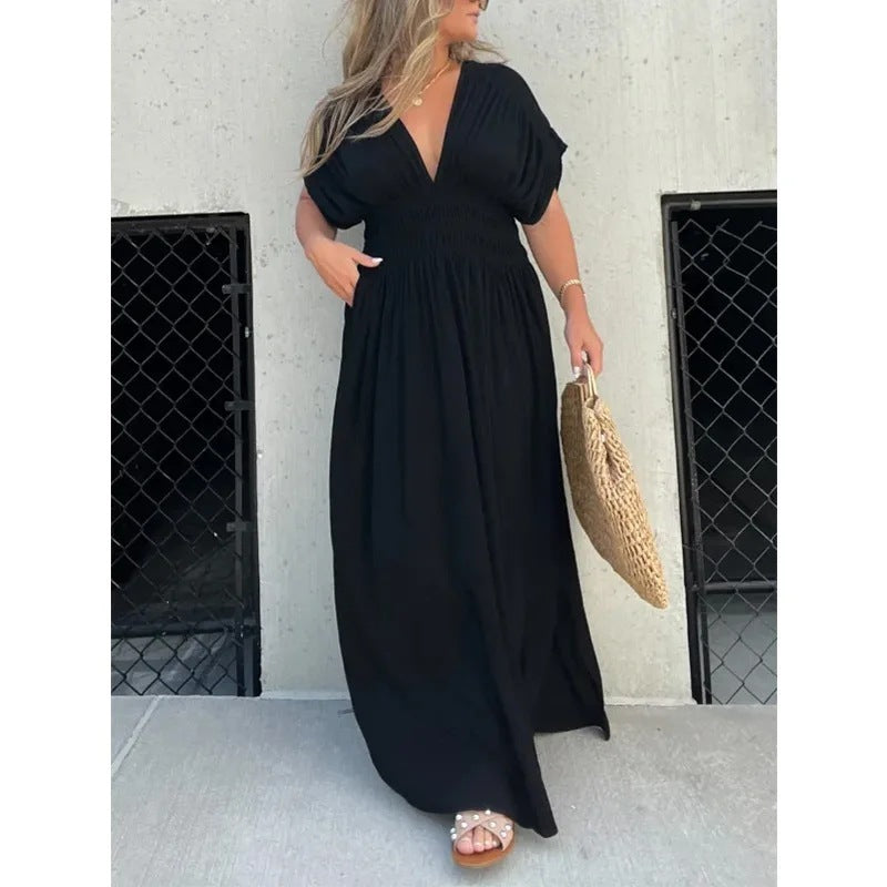 Fashion Bat-sleeved V-neck Slit Dress Summer Short Sleeve Elastic Waist Long Dresses Womens Clothing - Enfance-Heureuse