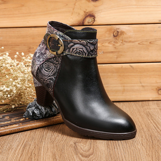 Side Zipper Leather Loop Buckle Fashion Boots Ankle Boots Women's Mid-heel Shoes - Enfance-Heureuse