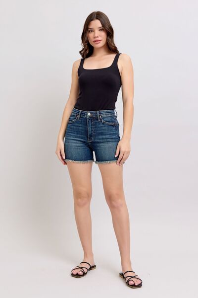 Judy Blue Tummy Control Fray Hem & Shield Back Pockets Denim Shorts