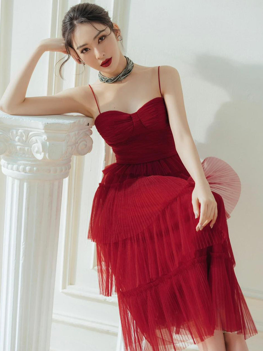 Suspender Spread Chest Temperament Dark Red Flowing Small Dress Long Skirt - Enfance-Heureuse