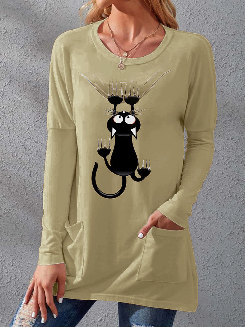 Women's Pocket Round Neck T-shirt Printed Loose Long Sleeve Dress - Enfance-Heureuse