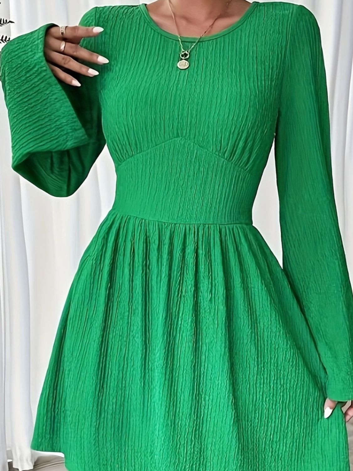 Round Neck Flare Sleeve Mini Dress - Enfance-Heureuse