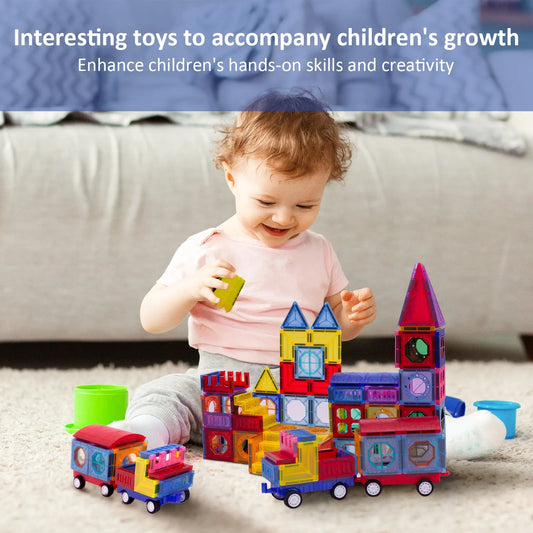 Ensemble de carreaux de construction magnétiques de 149 pièces pour enfants avec 2 voitures-Blocs de construction magnétiques 3D plus forts-Jouets magnétiques STEM colorés développent leurs compétences motrices et leur créativité - Enfance-Heureuse