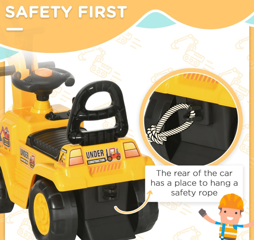 3-in-1 Ride On Excavator Digger Scooter & Pulling Cart, Construction Pretend Play Toy For Kids - Enfance-Heureuse