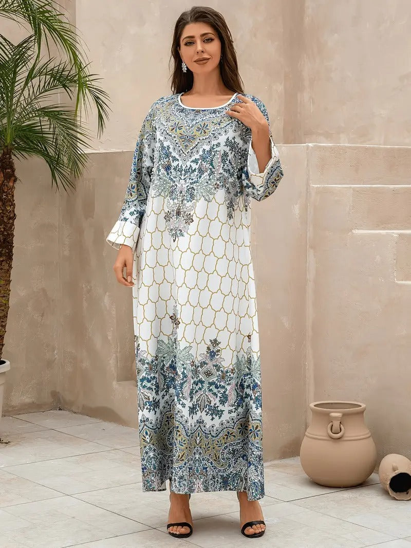 Yahua Floral Print Women's Abaya - Long Sleeved, Regular Style Dress - Enfance-Heureuse