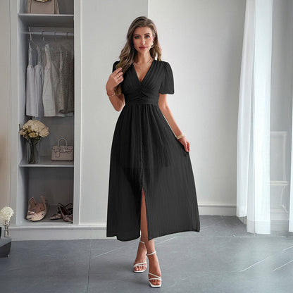 Elegant Vacation Style Deep V Short Sleeve Maxi Dress - Enfance-Heureuse