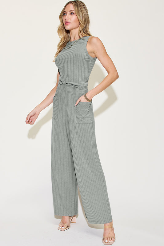 Basic Bae Full Size Ribbed Tank and Wide Leg Pants Set - Enfance-Heureuse