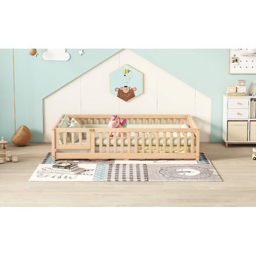 Full Size Bed Floor Bed With Safety Guardrails And Door For Kids, Natural - Enfance-Heureuse