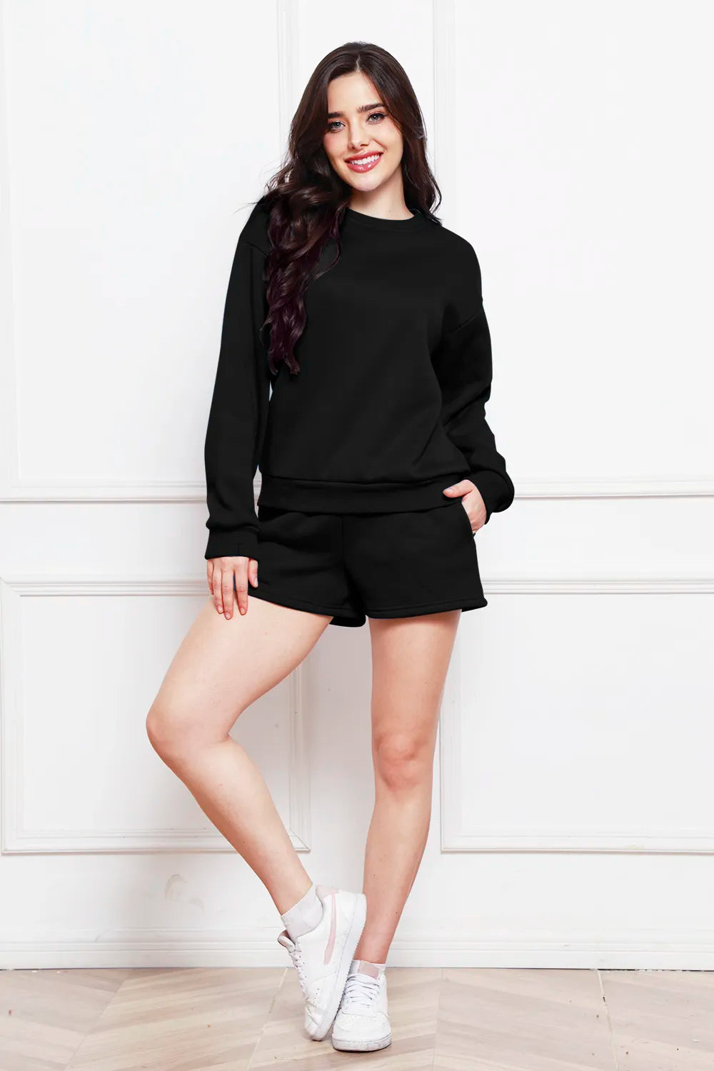 Round Neck Long Sleeve Sweatshirt and Drawstring Shorts Set - Enfance-Heureuse