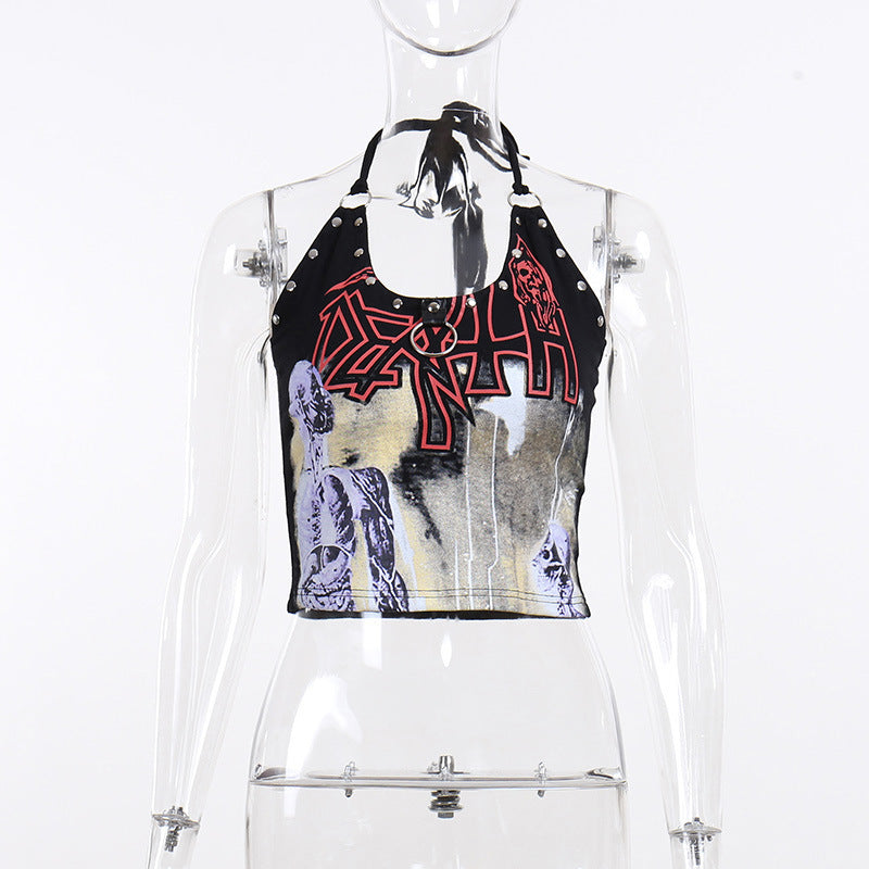 Gothic Print Studs Tight-fitting Beautiful Back Halter Sling Women - Enfance-Heureuse