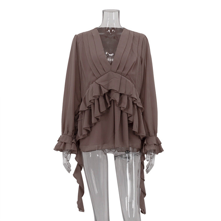 Chiffon V-neck Long Sleeve Shirt - Enfance-Heureuse