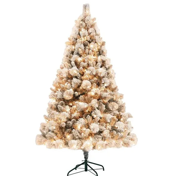 HOMCOM 6.5 Ft Pre-Lit Artificial Christmas Tree With 350 Clear Lights And 1107 Tips, Snow Flocked Christmas Tree With Metal Stand, Hinged Xmas Tree For Home Office Holiday, Green - Enfance-Heureuse