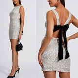 Sleeveless Slim Fit Backless Bow Glitter Mini Dress