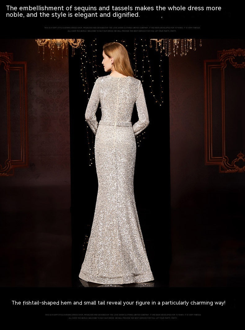 Temperament Banquet Ladies Sequined Annual Meeting Host Long Evening Dress - Enfance-Heureuse