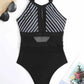 Mesh Detail Backless Striped One-Piece Swimsuit - Enfance-Heureuse