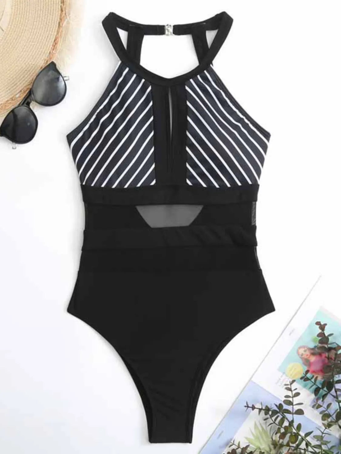 Mesh Detail Backless Striped One-Piece Swimsuit - Enfance-Heureuse