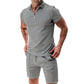 2Pcs Casual Waffle Suit Summer Zipper Lapel Short-sleeved Top And Drawstring Pockets Shorts Versatile Solid Color T-shirt Set For Mens Clothing - Enfance-Heureuse