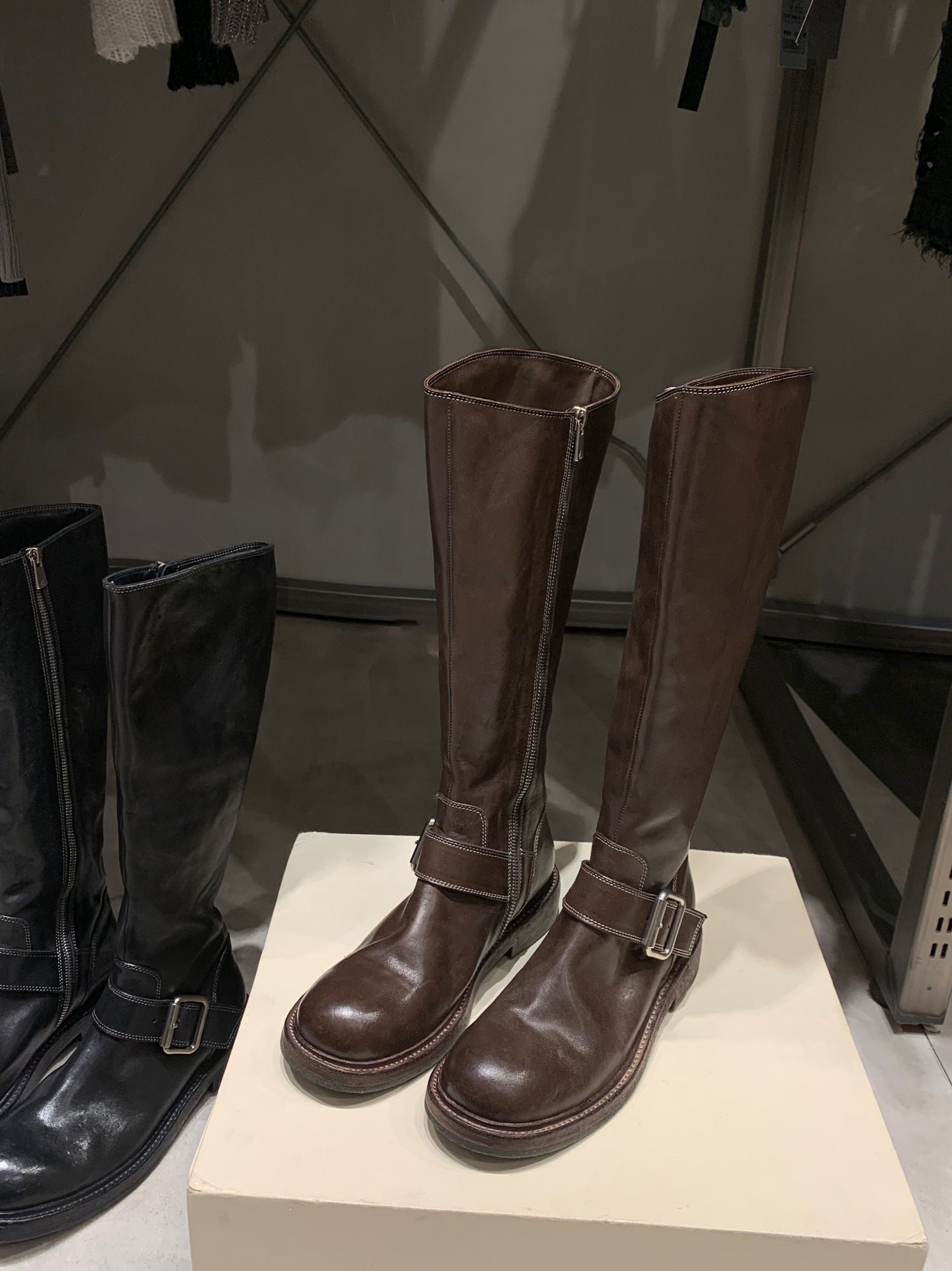 Washed Leather Round Head Chunky Heel Middle Boots Women - Enfance-Heureuse