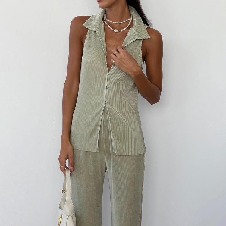 Casual Solid Color Sleeveless Shirt High Waist Trousers Pleated Suit - Enfance-Heureuse