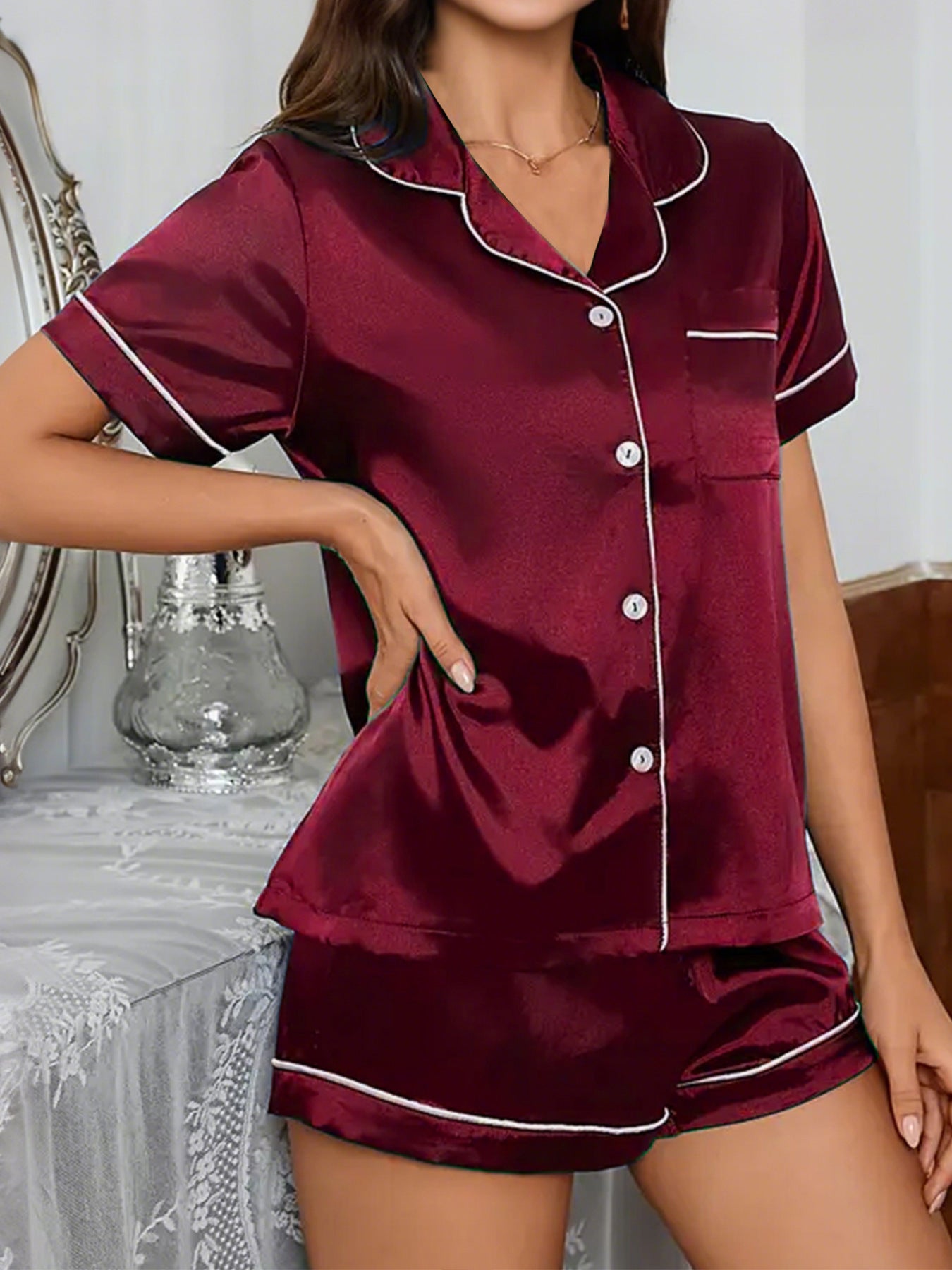 Silk-like Comfortable Breathable Cardigan Pajamas Short-sleeved Shorts Home Wear Suit - Enfance-Heureuse