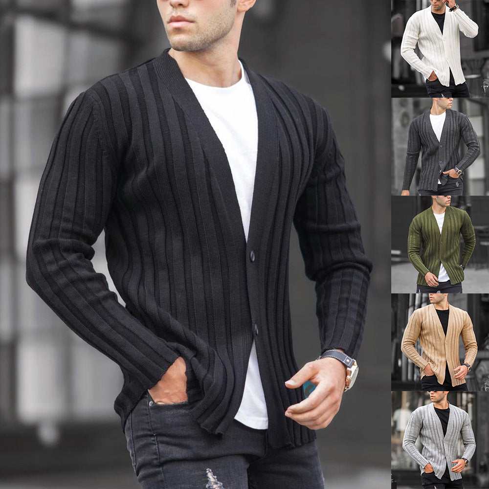 European And American Men's Solid Color Cardigan Pit Strip Casual Slim Sweater Knit Sweater - Enfance-Heureuse