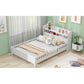 Wood Full Size Platform Bed With Built-in LED Light, Storage Headboard And Guardrail, White - Enfance-Heureuse