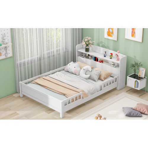 Wood Full Size Platform Bed With Built-in LED Light, Storage Headboard And Guardrail, White - Enfance-Heureuse
