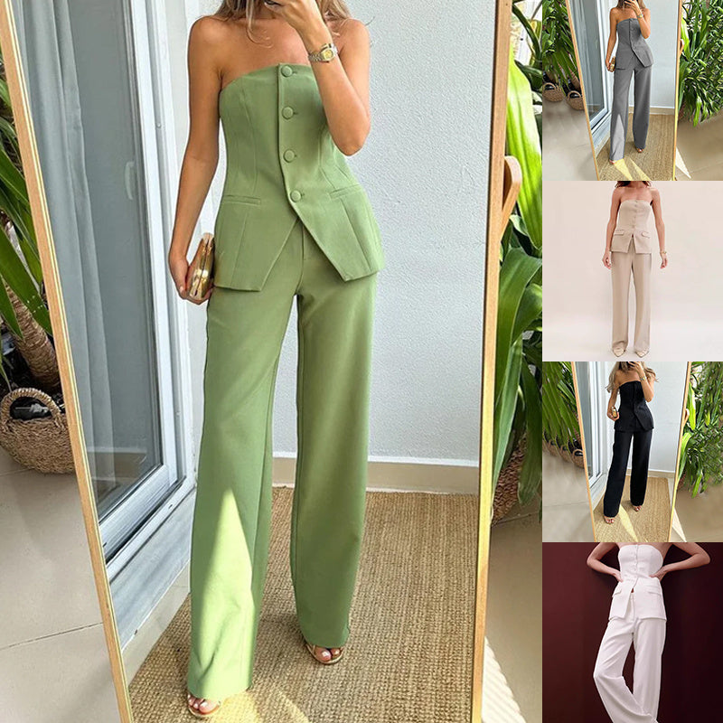 Graceful Tube Top Suit Fashion Button Sleeveless Top And Straight Pants Women's Trousers Set - Enfance-Heureuse