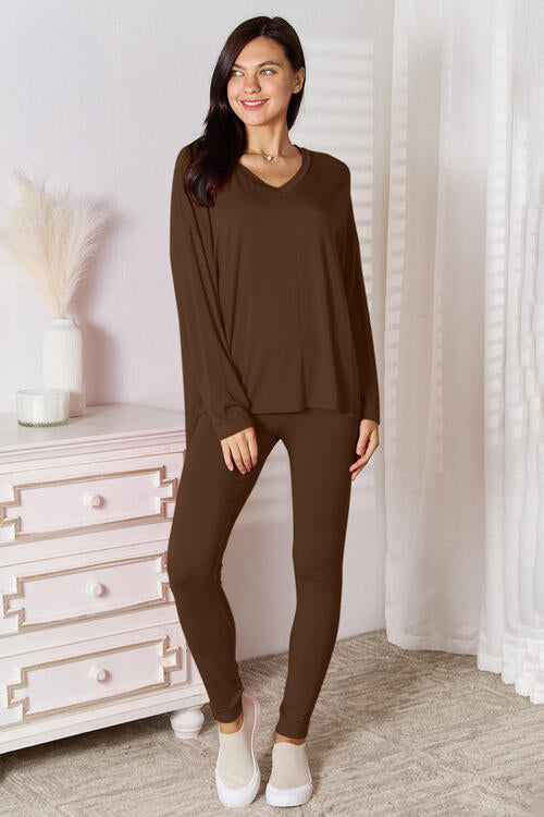 Basic Bae Full Size V-Neck Soft Rayon Long Sleeve Top and Pants Lounge Set - Enfance-Heureuse