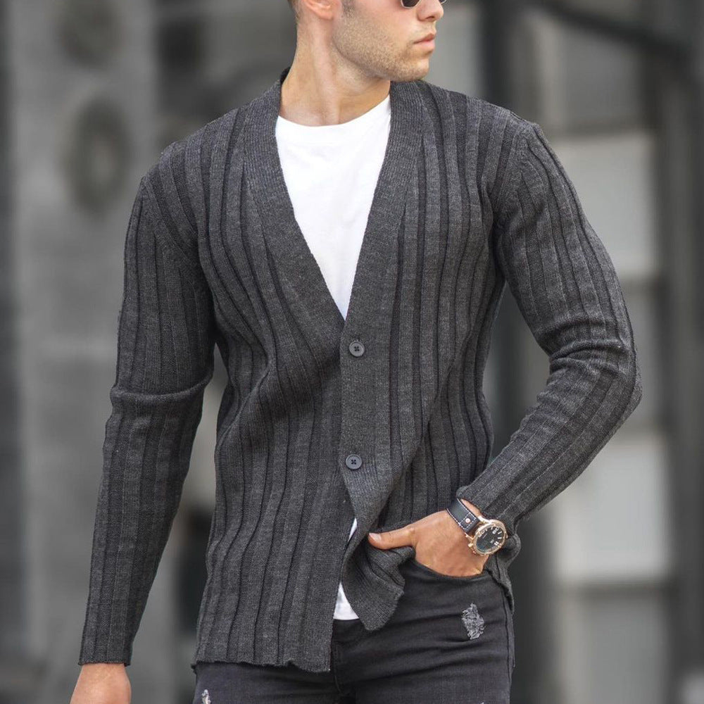 European And American Men's Solid Color Cardigan Pit Strip Casual Slim Sweater Knit Sweater - Enfance-Heureuse