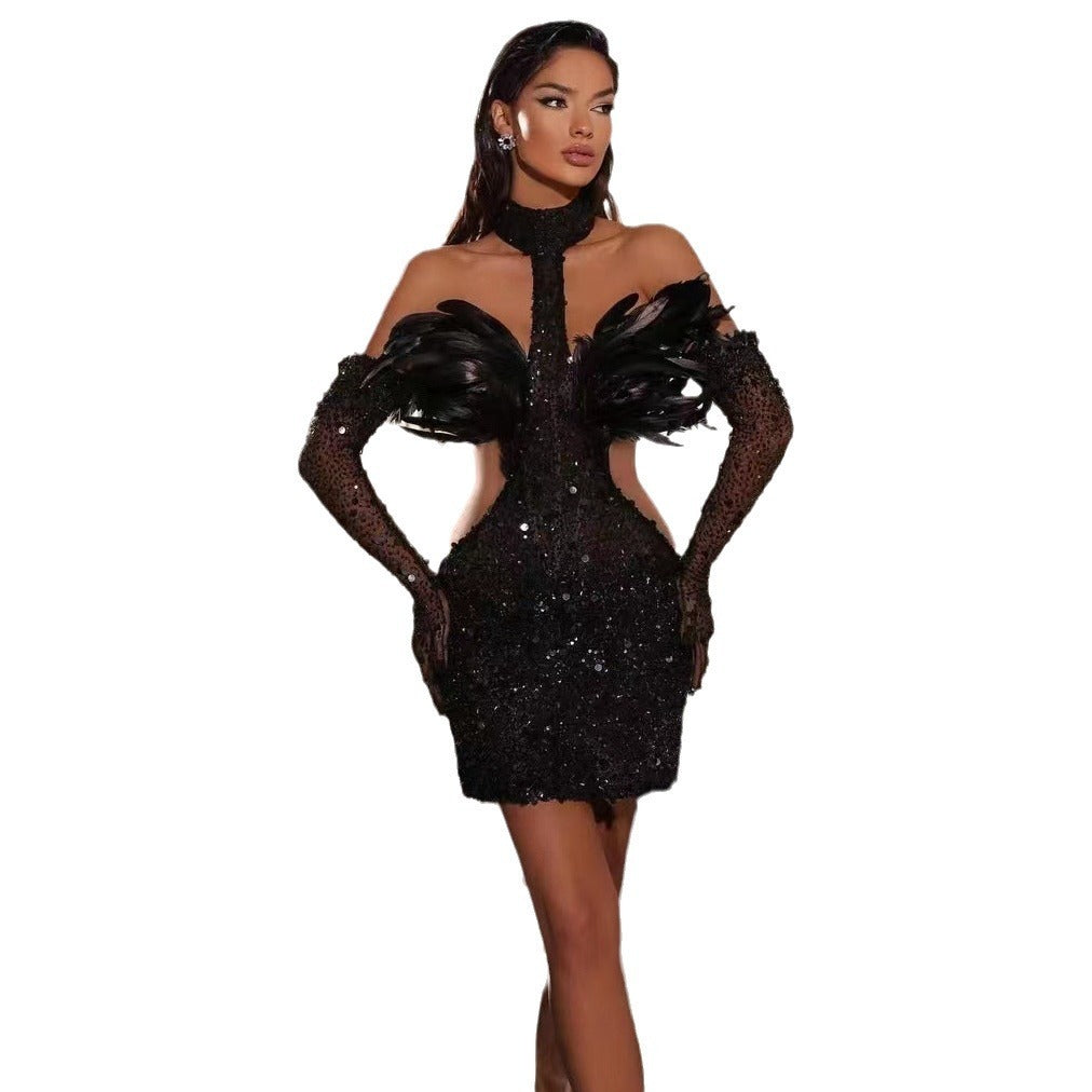 Dress Halter Feather Sequins Short Hip Skirt With Gloves Dress - Enfance-Heureuse