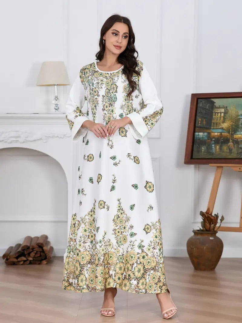 Elegant Flower Diamond Robe Dress - Women's Long Sleeve Round Neck Long Dress - Enfance-Heureuse