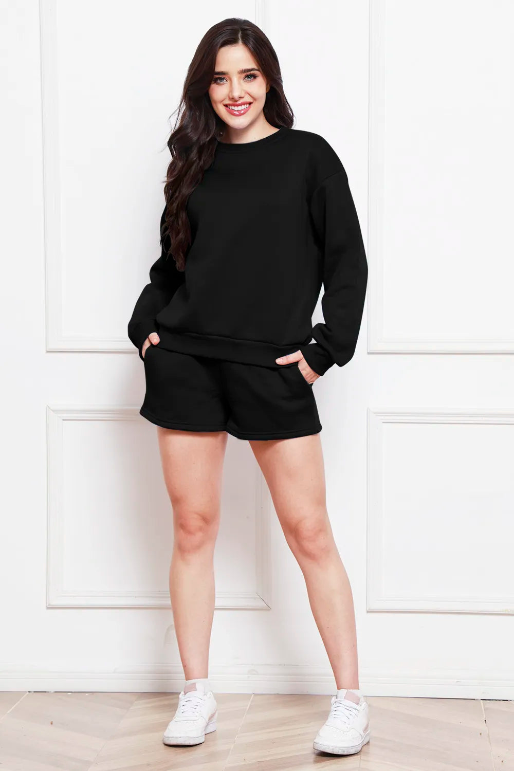 Round Neck Long Sleeve Sweatshirt and Drawstring Shorts Set - Enfance-Heureuse