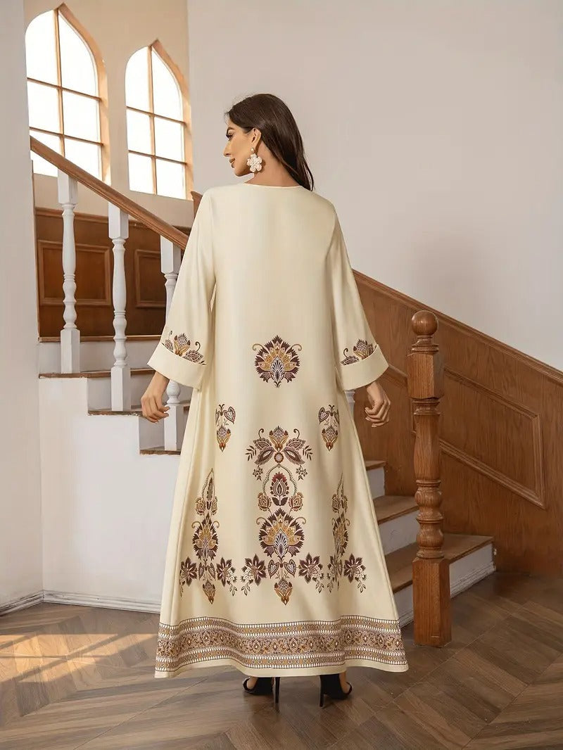 Elegant Floral Printed Abaya Middle Eastern Muslim Clothing For Women - Enfance-Heureuse