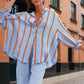 Women's Casual Striped Button-Down Shirt With Drop Sleeves Comfortable Loose-Fit Long Sleeve Top For Spring & Fall - Enfance-Heureuse
