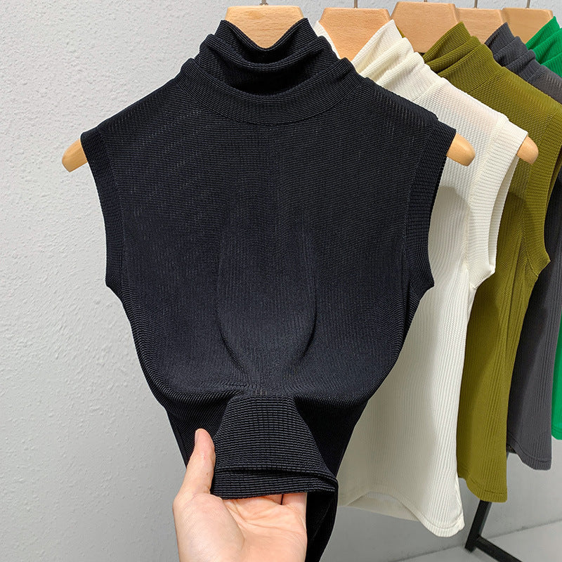 Ladies New Turtleneck Grenadine Solid Color Waist Tight Sleeveless Top - Enfance-Heureuse