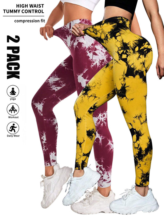 2 Pack Tie Dye Workout Seamless Leggings For Women High Waist Gym Leggings Yoga Pants, Seamless Leggings For Women High Waist Yoga Pants, Scrunch Butt Lifting Elastic Tights - Enfance-Heureuse