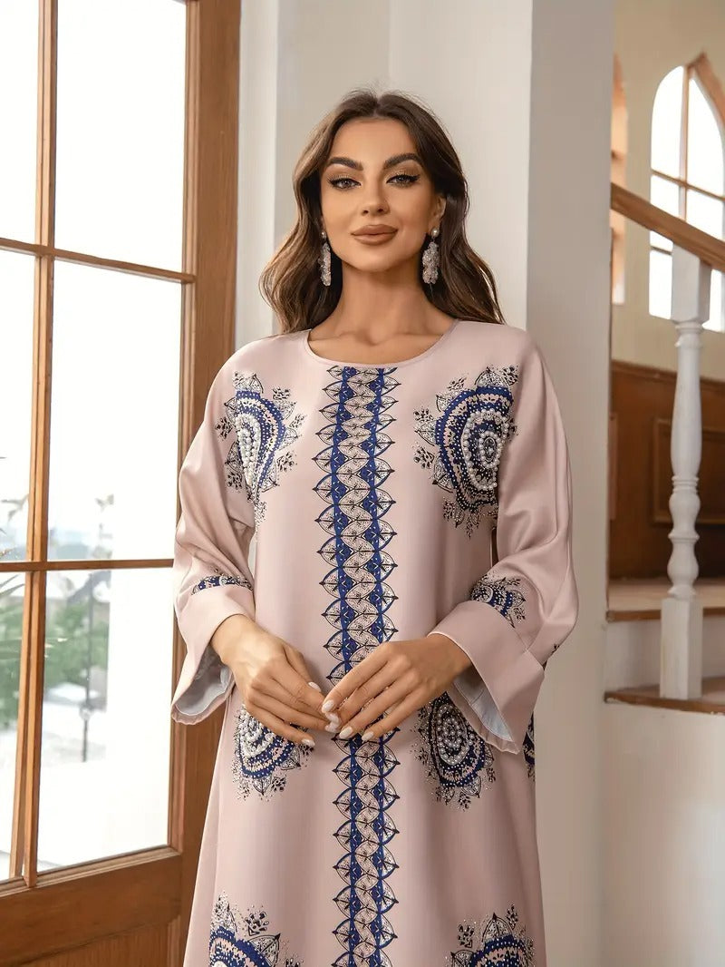 Long Women's Robe, Round Neck And Printed Dress - Enfance-Heureuse