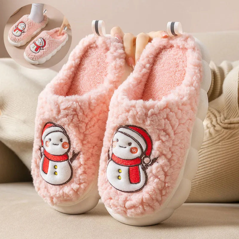 Pantoufles mignonnes de bonhomme de neige pour l'hiver, intérieur, en peluche chaude, à semelles épaisses, antidérapantes, pantoufle de maison, chaussures de maison - Enfance-Heureuse