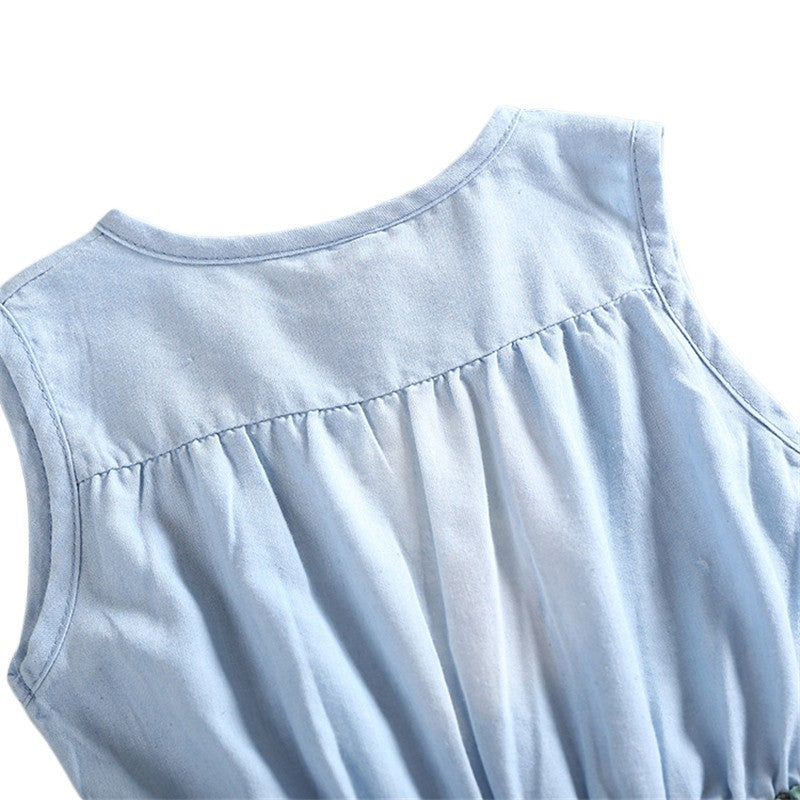 Summer Children Sleeveless Girl Denim Floral Dresses - Enfance-Heureuse