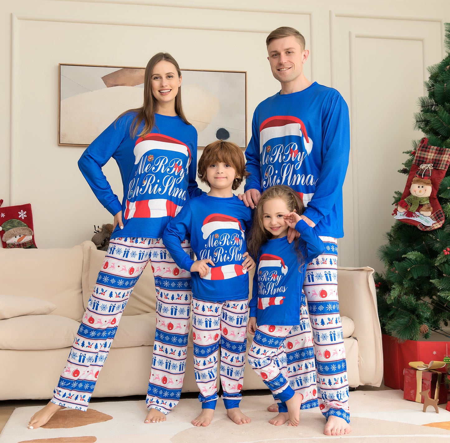 Matching Family Pajamas Sets Christmas PJ's Letter Print Top And Plaid Pants Jammies Sleepwear - Enfance-Heureuse