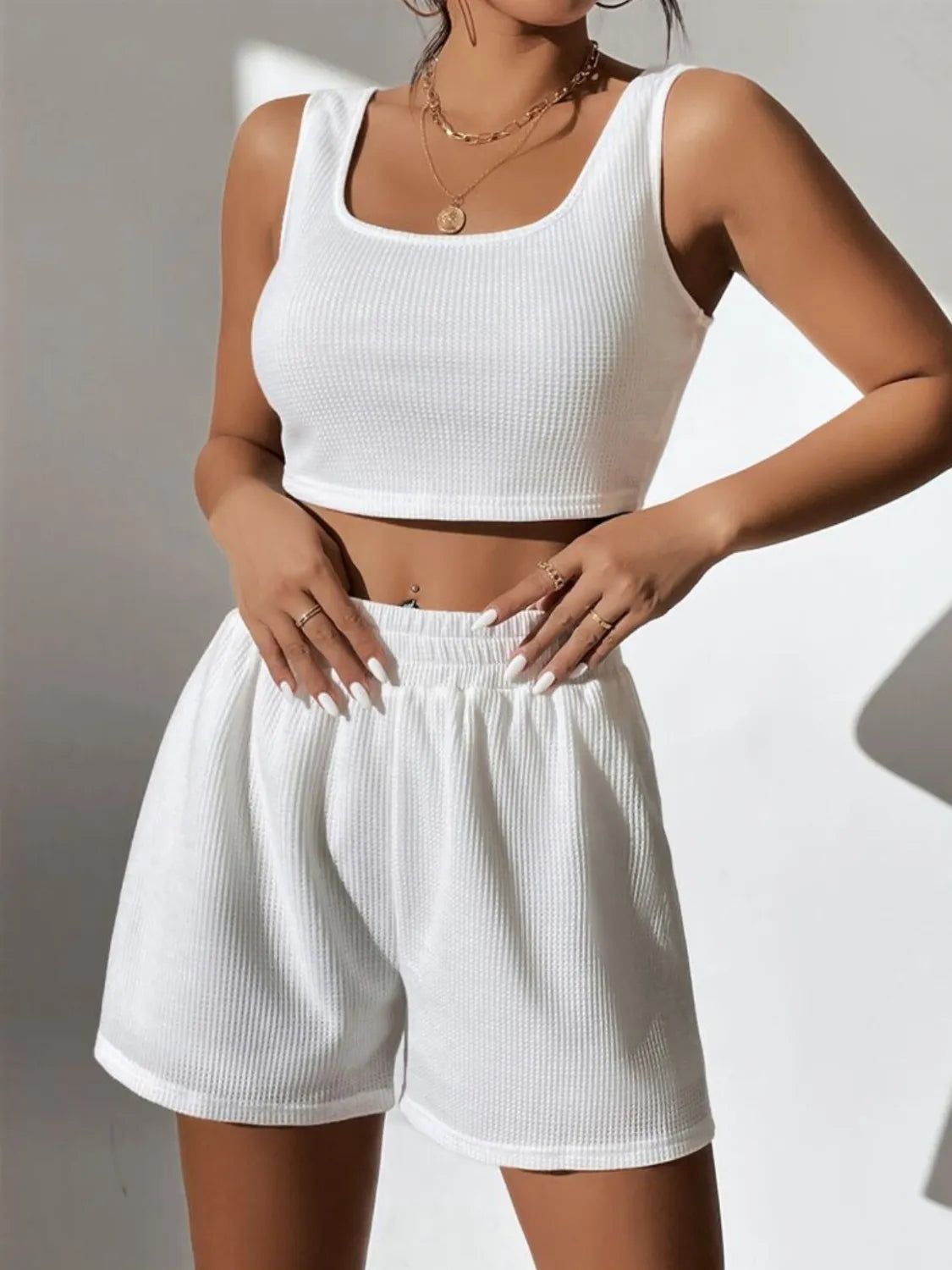 Full Size Wide Strap Tank and Shorts Set Plus Size - Enfance-Heureuse