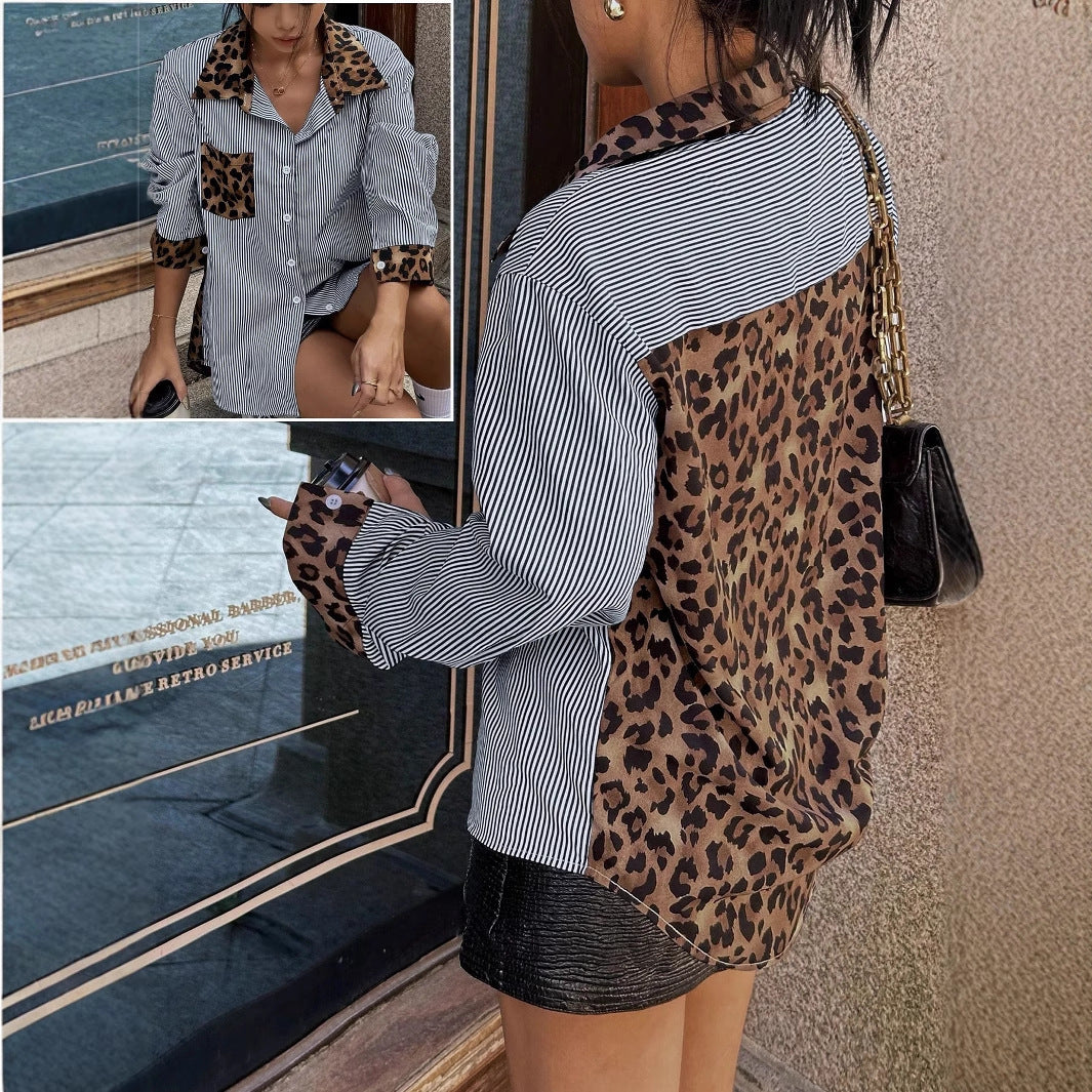 INS Leopard Striped Patchwork Shirt Fashion Casual Long-sleeved Button Lapel Top Women's Clothing - Enfance-Heureuse