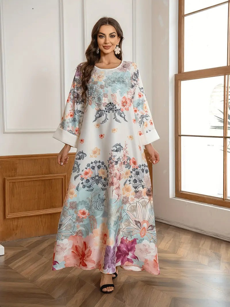Elegant Floral Print Long Kaftan Dress - Enfance-Heureuse