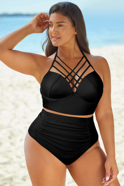 Full Size Halter Neck Crisscross Ruched Two-Piece Swimsuit - Enfance-Heureuse