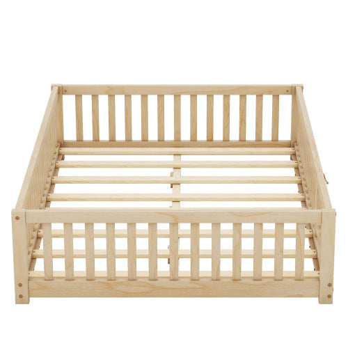 Full Size Bed Floor Bed With Safety Guardrails And Door For Kids, Natural - Enfance-Heureuse