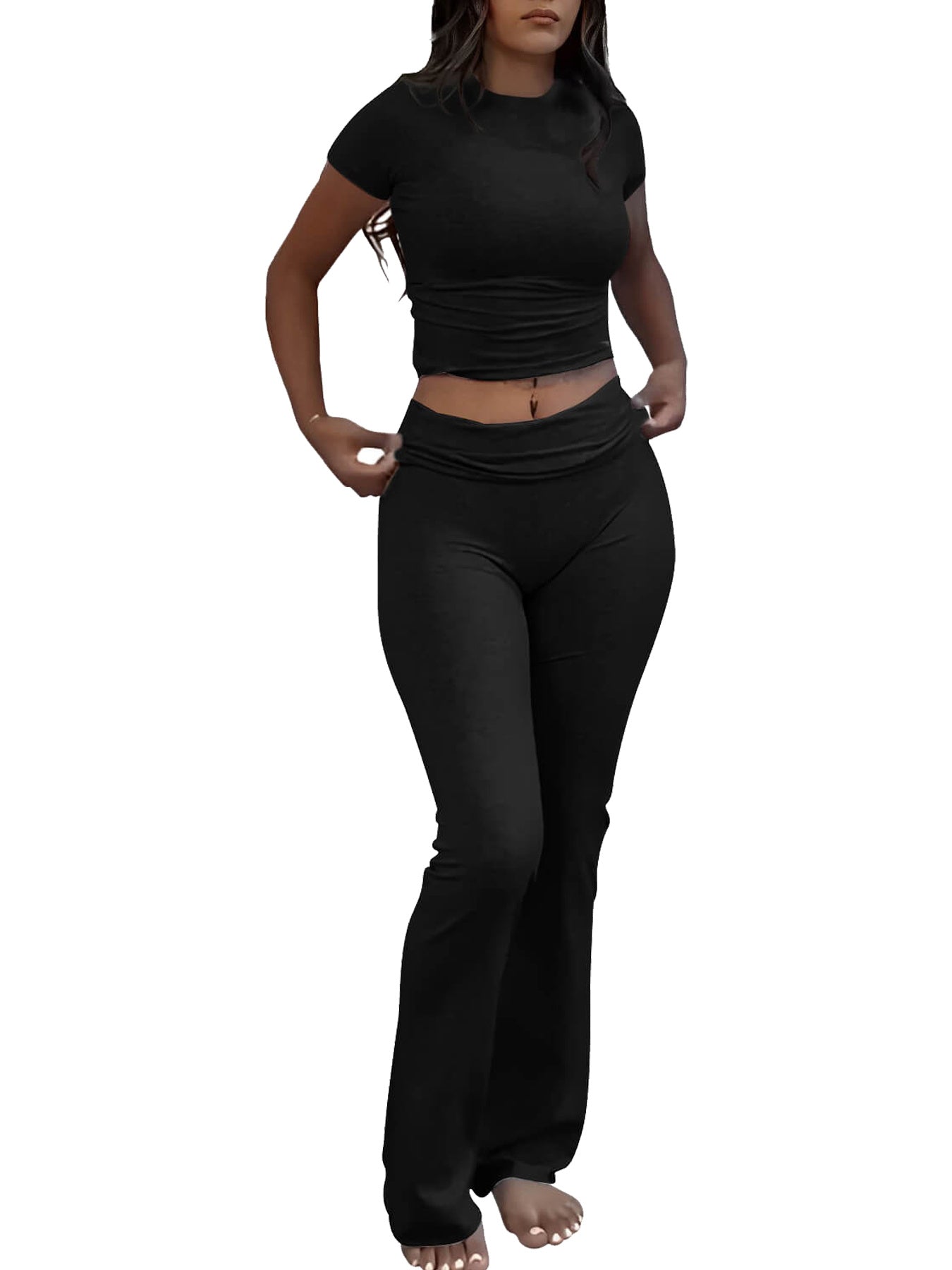 Ensemble deux pièces décontracté, couleur unie, coupe slim, t-shirt à manches courtes et col rond, pantalon évasé moulant, vêtements de sport pour femmes