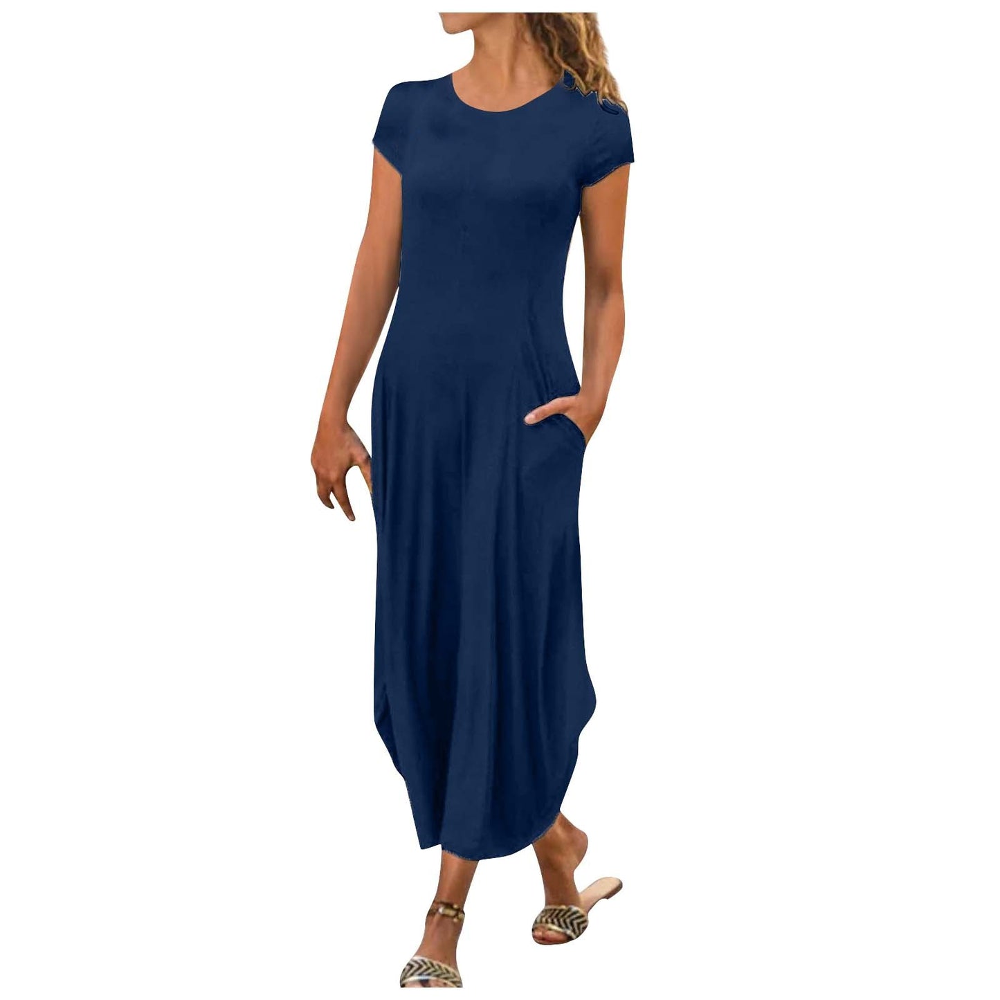 Pullover Short Sleeve Round Neck Mid Waist Solid Color Dress - Enfance-Heureuse