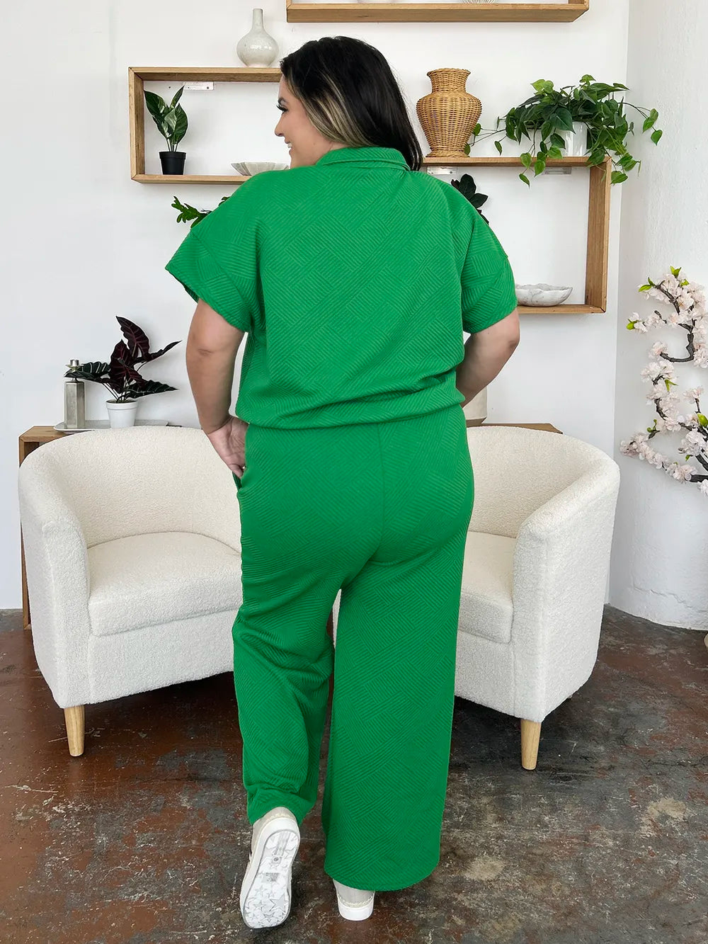 Double Take Full Size Texture Half Zip Short Sleeve Top and Pants Set - Enfance-Heureuse