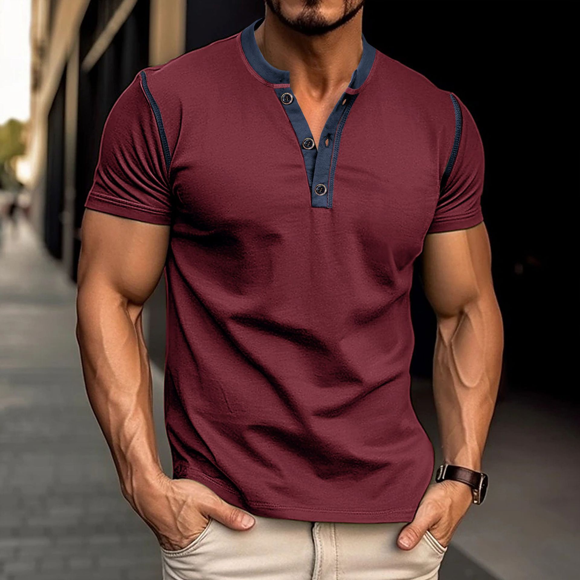 Fashion Short-sleeved Polo Shirt Summer Button V-neck T-shirt Tops Mens Clothing - Enfance-Heureuse